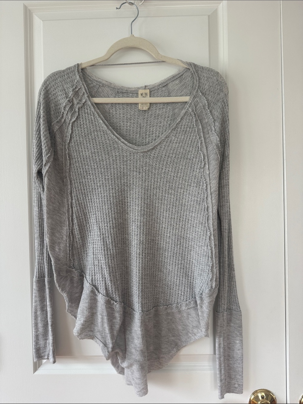Free People Light Gray Waffle Knit V-Neck Long Sleeve Top